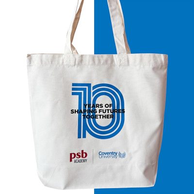 PSB Academy Coventry University 10-year anniversary personalised tote bag Singapore with blue number 10 design