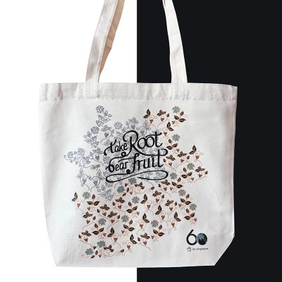 Take Root Bear Fruit personalised tote bag Singapore with floral print and 60th anniversary logo
