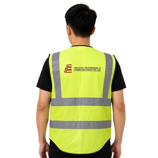 custom hi-vis reflective safety vest with company logo for corporate uniform printing in Singapore
